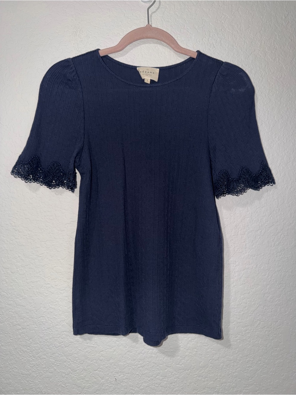 Sezane Navy Lace-Trim Short Sleeve Knit Tee
